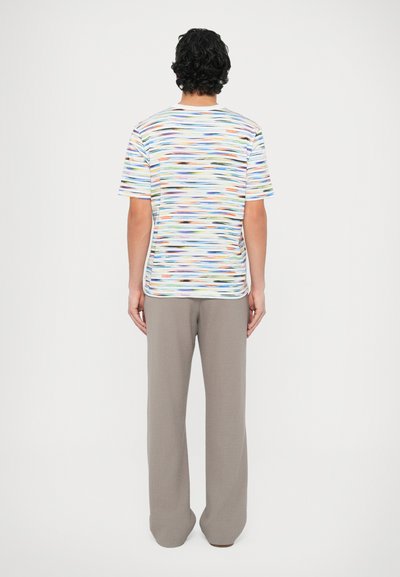 Majica s kratkimi rokavi z večbarvnim valovitim vzorcem, narejena iz lahkega blaga. Kombinirana s svetlo sivimi, ohlapno prilegajočimi hlačami.