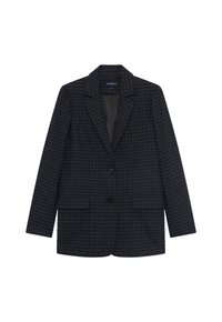 Blazer a cuadros oscuros hecho de tela texturizada, con solapas, dos bolsillos frontales, cierre de un solo botón y forro interior.