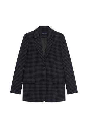 Dunkel karierter Blazer aus strukturiertem Stoff, mit Reverskragen, zwei Fronttaschen, einer Knopfverschluss und gefüttertem Innenfutter.