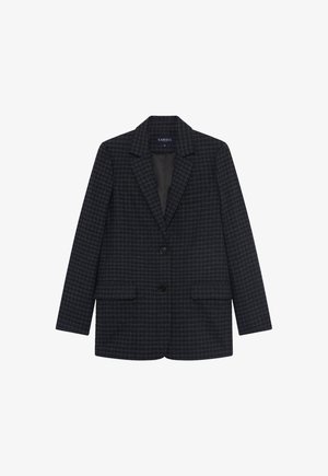 Blazer a quadri scuri realizzato in tessuto texturizzato, con colletto a scendere, due tasche frontali, chiusura a un bottone e un interno foderato.