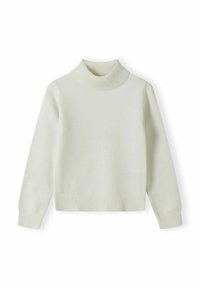 Cremfarbener Rollkragenpullover aus weichem Strickmaterial. Mit gerippter Textur am Kragen und Saum, langen Ärmeln und einer lockeren Passform.