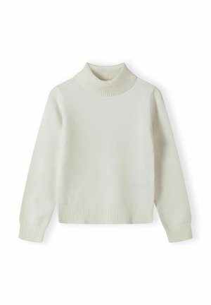 Pull à col roulé en crème fabriqué en tissu tricoté doux. Il présente une texture côtelée au niveau du col et de l'ourlet, avec des manches longues et une coupe décontractée.