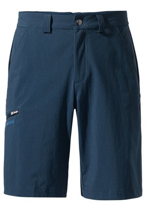 Pantaloni corte blu navy realizzati in un tessuto leggero, con una tasca con zip sul lato, passanti per cintura e un taglio dritto con una superficie liscia.