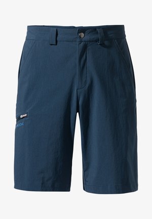Pantaloni corte blu navy realizzati in un tessuto leggero, con una tasca con zip sul lato, passanti per cintura e un taglio dritto con una superficie liscia.