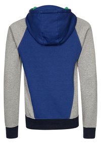 Felpa con cappuccio caratterizzata da un corpo blu, maniche grigie e un accento verde all'interno del cappuccio. Tessuto morbido con un design casual.