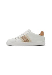 White leather sneakers with a tan accent heel, featuring a textured beige stripe with a geometric pattern. Rubber sole and round toe design.