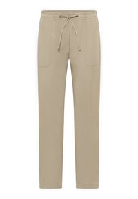 Beige joggers gemaakt van zachte stof, met een elastische tailleband, twee voorkoeken en een taps toelopend ontwerp.