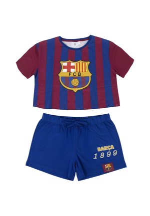 FC Barcelona sportswear set with a cropped, striped maroon and blue shirt featuring the club crest, and blue shorts printed with "Barça 1899."