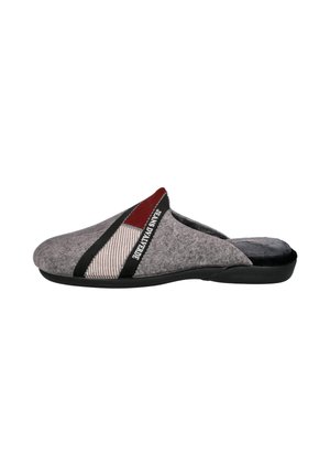 Zapatilla gris de tipo slip-on con suela negra, con franjas diagonales de tela roja y beige y el texto "JEANS D'AVEMOIR" en el lateral.