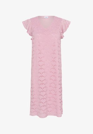 Rózsaszín csipkeborítású ruha rövid fodros ujjakkal, V-nyakkivágással és egy bővülő sziluettel, amelyen fodros minta fut végig.