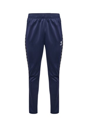 Marineblauwe sportbroek met een gestructureerde zijstreep, elastische tailleband en tapered fit. Gemaakt van zacht, lichtgewicht materiaal voor comfort.