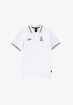 Biała koszulka polo z czarnymi paskami na kołnierzyku i rękawach. Zawiera hafty z logo "Dakar" i "Diverse" na piersi.