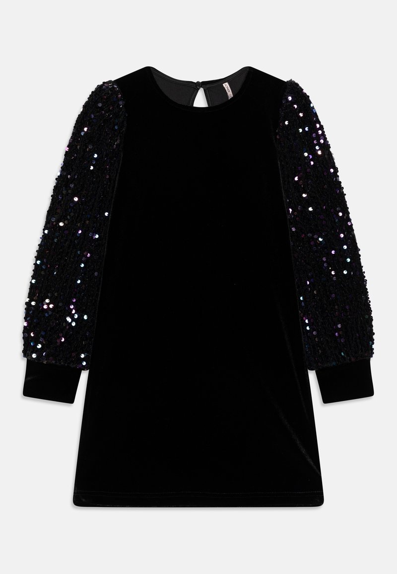 Robe en velours noir avec de longues manches bouffantes recouvertes de sequins noirs irisés et une petite fermeture à bouton dans le dos.