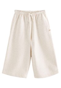 Hellbeige Shorts aus einem weichen, strukturierten Stoff mit bunten Sprenkeln. Mit elastischem Bund und seitlichen Taschen.