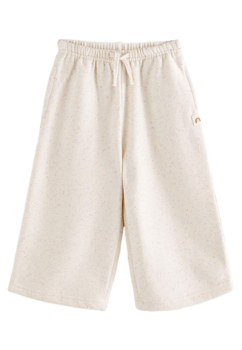 Hellbeige Shorts aus einem weichen, strukturierten Stoff mit bunten Sprenkeln. Mit elastischem Bund und seitlichen Taschen.