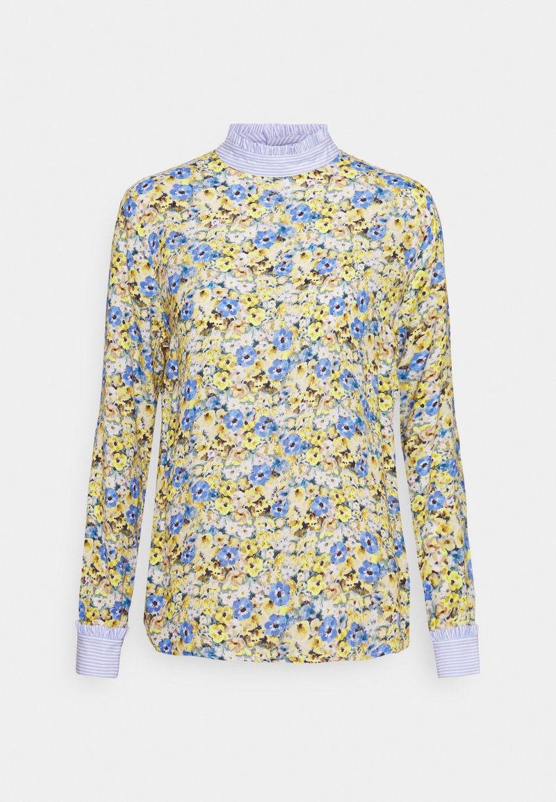 Blouse à manches longues à fleurs avec de petites fleurs bleues et jaunes, dotée d'un col montant et de poignets rayés bleu clair et blanc.