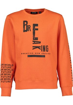 Pomarańczowa bluza z długim rękawem z czarnym napisem "BREAKING NEW GROUND" na przodzie oraz powtarzającym się napisem "OUR WORLD FUTURE" na lewym rękawie.