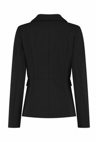 Zwarte op maat gemaakte blazer met een reverskraag, lange mouwen en gestructureerde naden, een gladde textuur en een nauwsluitende silhouette.