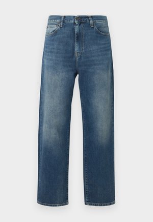 Blaue Jeans mit geradem Bein, verblasste Stellen an den Oberschenkeln, im Fünf-Taschen-Stil, mit Knopf- und Reißverschluss.