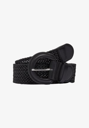 Black braided belt featuring a round metal buckle with a leather strap. Smooth leather accents enhance the woven texture and design.