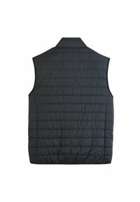 Gilet matelassé noir avec un col haut, featuring des coutures horizontales et une silhouette élégante. Pas de boutons ni de poches visibles.