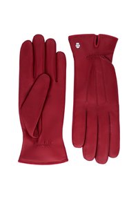 Rote Lederhandschuhe mit glatter Textur, tailliertem Design, vier Fingern und dekorativer Nahtdetails auf der Rückseite. Silbernes Logoakzent.