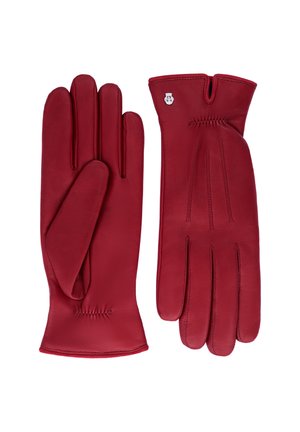 Rote Lederhandschuhe mit glatter Textur, tailliertem Design, vier Fingern und dekorativer Nahtdetails auf der Rückseite. Silbernes Logoakzent.