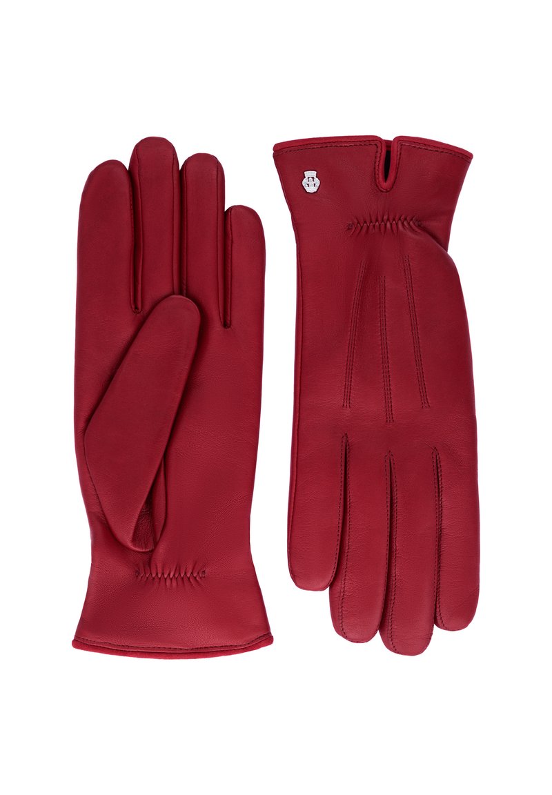 Rote Lederhandschuhe mit glatter Textur, tailliertem Design, vier Fingern und dekorativer Nahtdetails auf der Rückseite. Silbernes Logoakzent.