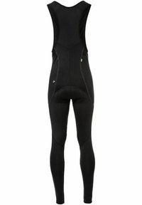 Svarte bibtights laget av elastisk stoff, med en tettsittende design, kontrasterende sømmer og polstret bak for komfort.