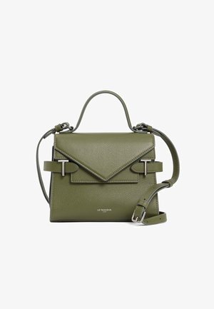 Olive green leather handbag with a structured shape, front flap, and silver-tone hardware. Features a top handle and adjustable strap.