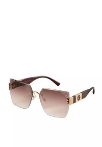 Ciemnobrązowe, ponadwymiarowe okulary przeciwsłoneczne z gradientowymi soczewkami, złotymi akcentami na zausznikach oraz skomplikowanym wzorem na oprawkach. Lekka konstrukcja.