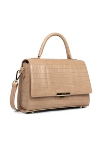Sac à main en simili cuir crocodile beige avec une forme structurée, doté d'une anse supérieure, d'une bandoulière amovible et d'accents en métal doré.