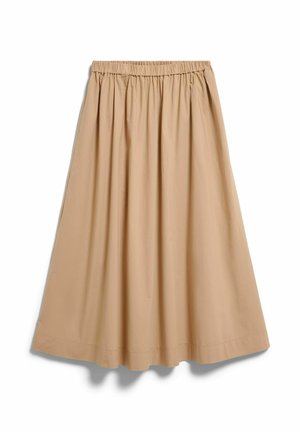 Beige midi-rok met hoge taille, geplooid en met elastische tailleband, uitlopende silhouet en zichtbare stiksels langs de zoom.