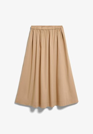 Beige midi-rok met hoge taille, geplooid en met elastische tailleband, uitlopende silhouet en zichtbare stiksels langs de zoom.
