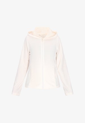Lichte witte fleecejas met een capuchon, volledige ritssluiting, lange mouwen en een gladde textuur. Geen zichtbare patronen of accenten.