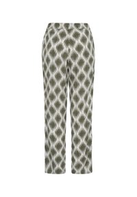 Pantalon de couleur claire avec taille élastique et motif abstrait de diamants verts olive, coupe droite.