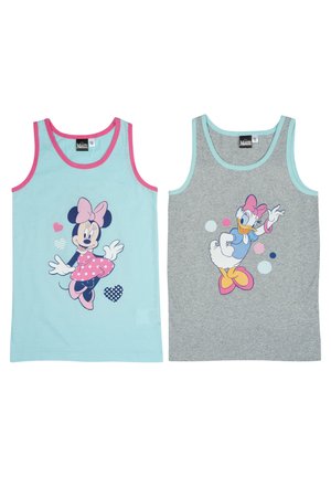 Due canotte: una turchese con grafica di Minnie Mouse e rifiniture rosa; l'altra grigia con grafica di Daisy Duck e dettagli blu, entrambe in cotone.