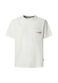 Camiseta blanca de algodón con cuello redondo y mangas cortas. Bolsillo delantero decorado con texto bordado en rojo. Textura suave.