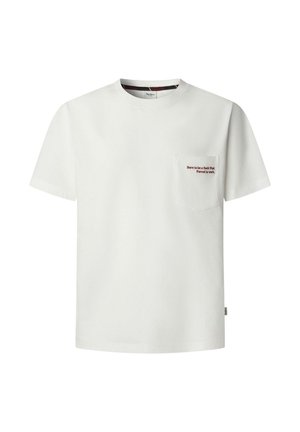 Biele bavlnené tričko s okrúhlym výstrihom a krátkymi rukávmi. Predné vrecko zdobené červeným vyšívaným textom. Hladká textúra.