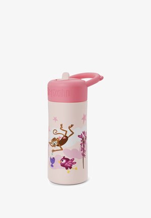 Pink plastic water bottle with a flip-top lid, featuring illustrations of a monkey, a bird, and stars on a light background. Robust design.