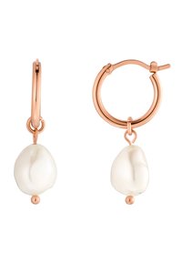 Ohrringe aus roségold mit einem strukturierten, unregelmäßigen weißen Perlenanhänger. Das Design verfügt über einen einfachen Verschluss und eine Akzentperle am unteren Ende.