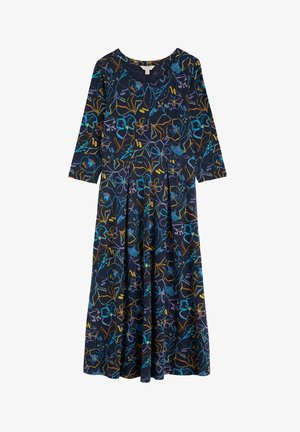Robe marine à imprimé floral bleu, violet et jaune. Elle a des manches longues, un col rond et une jupe fluide jusqu'aux genoux.