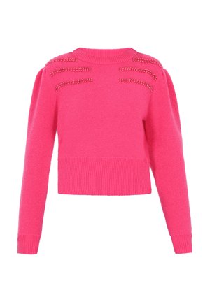 Maglione rosa corto realizzato in morbido tessuto a maglia, con polsini e scollatura a costine, adornato da borchie decorative sulle spalle.