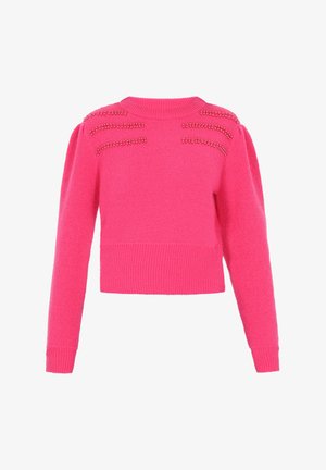 Korte roze trui gemaakt van zachte breikatoen, met geribbelde manchetten en halslijn, versierd met decoratieve studs op de schouders.