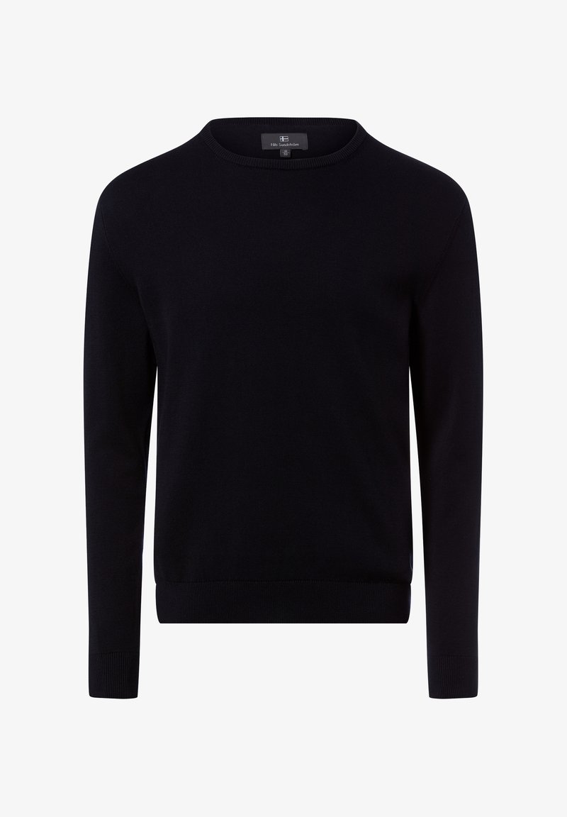 Pull en mélange de laine noire avec col rond, manches longues, et poignets et ourlet côtelés. Texture lisse et design minimaliste.