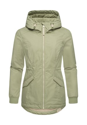 Light green insulated jacket with a hood, front zipper closure, two side pockets, and ribbed cuffs. Smooth fabric with a slightly textured finish.