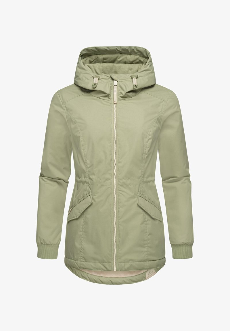 Lys grønn isolert jakke med hette, glidelås foran, to sidelommer og ribbestrikkede mansjetter. Glatt stoff med en lett teksturert finish.