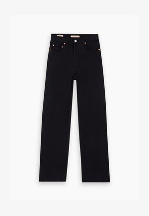 Schwarze Denim-Jeans mit geradem Schnitt, fünf Taschen, Kupferbeschlägen und einer glatten Textur. Zwei Etiketten sind am Bund sichtbar.