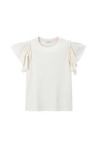 Cremfarbendes T-Shirt mit rüschigem kurzen Ärmeln und rundem Ausschnitt. Aus weichem Stoff gefertigt, mit subtiler Textur an den Ärmeln.