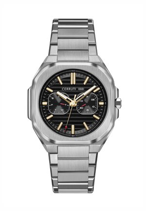 Reloj de acero inoxidable plateado con caja octagonal, esfera negra, acentos dorados y pulsera de eslabones de metal. Presenta subesferas y manecillas en contraste.